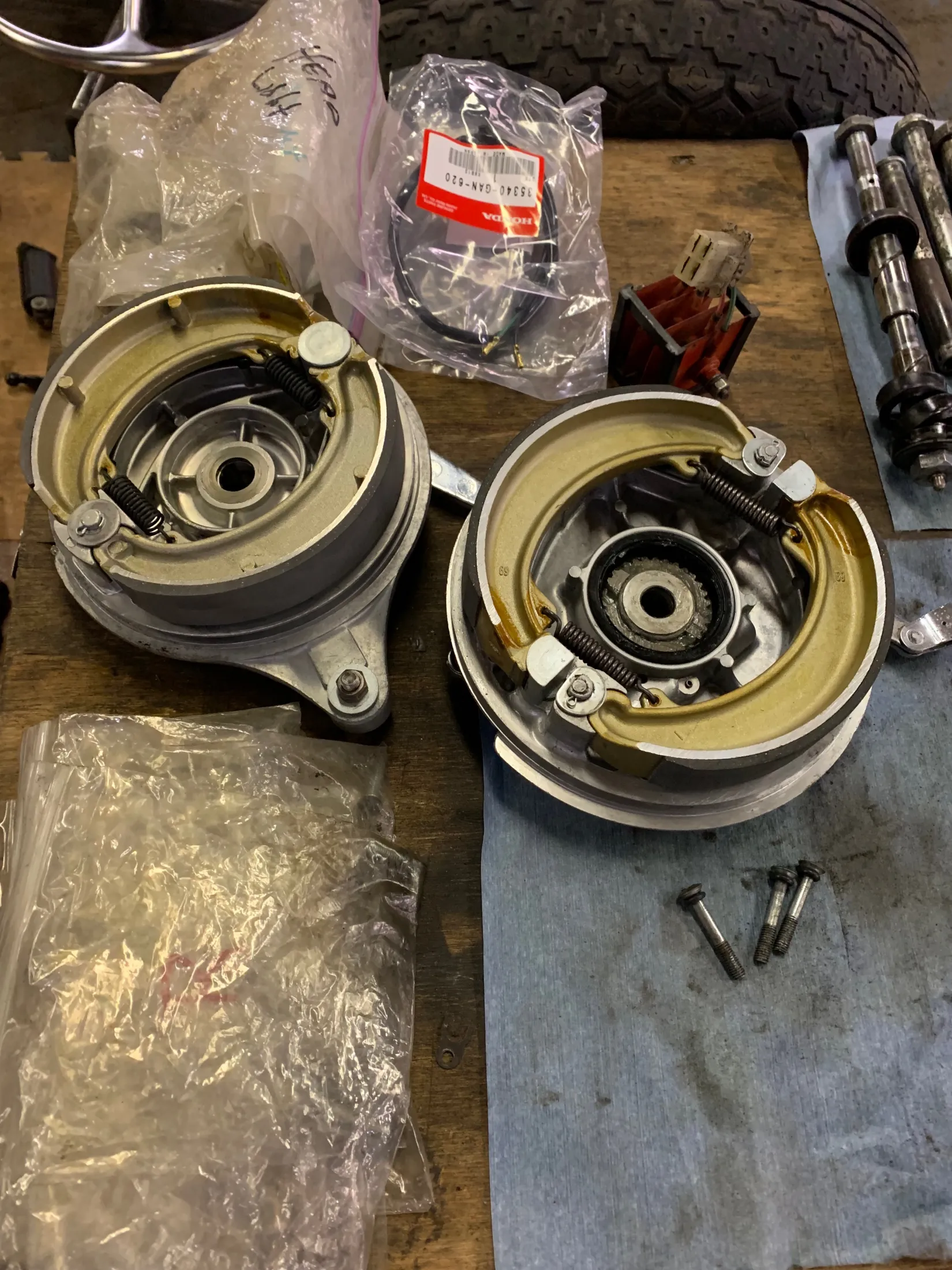 Two drum brake assemblies with new brake shoes
