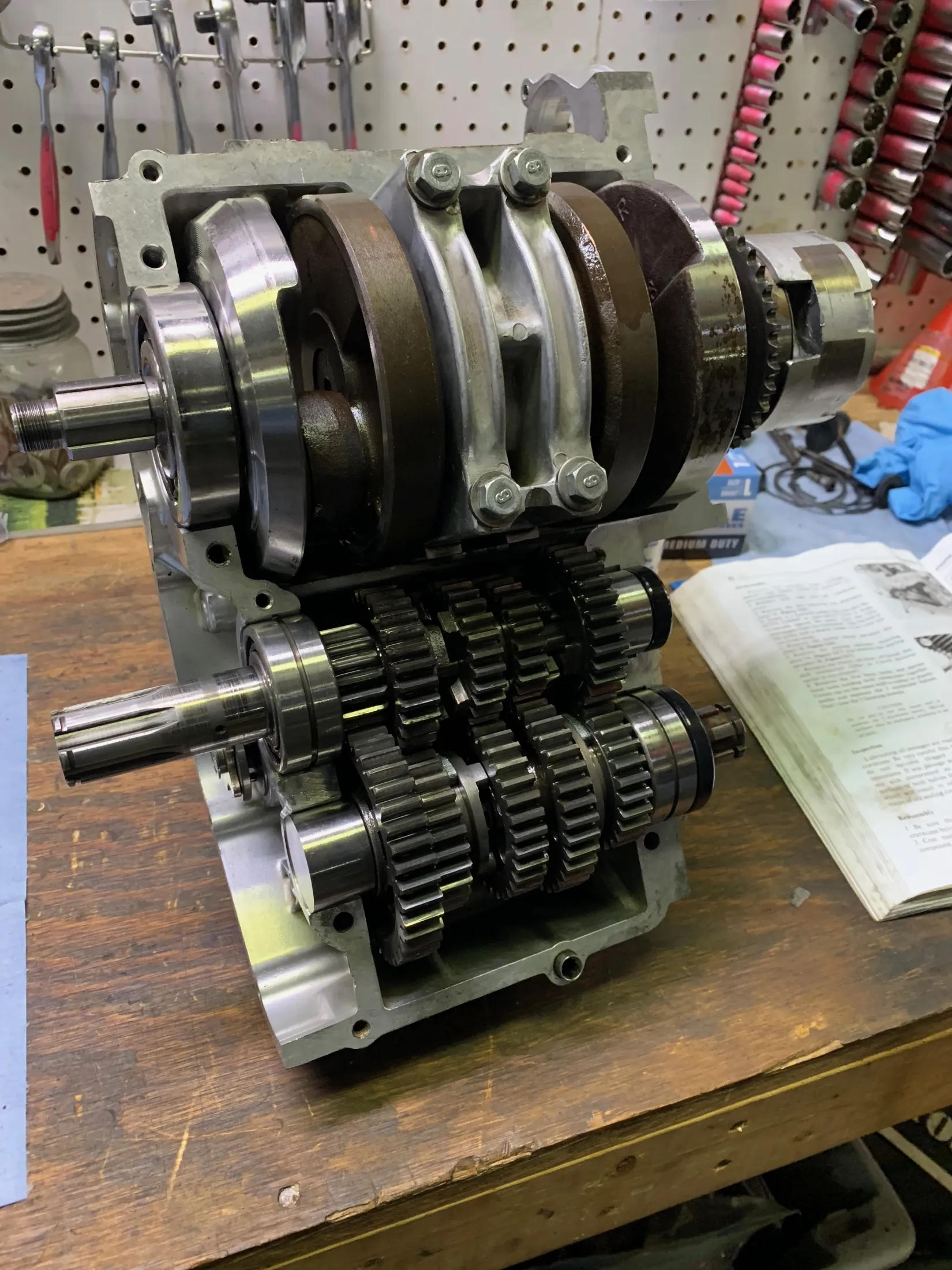 Crank shaft and transmission seated in the lower engine case