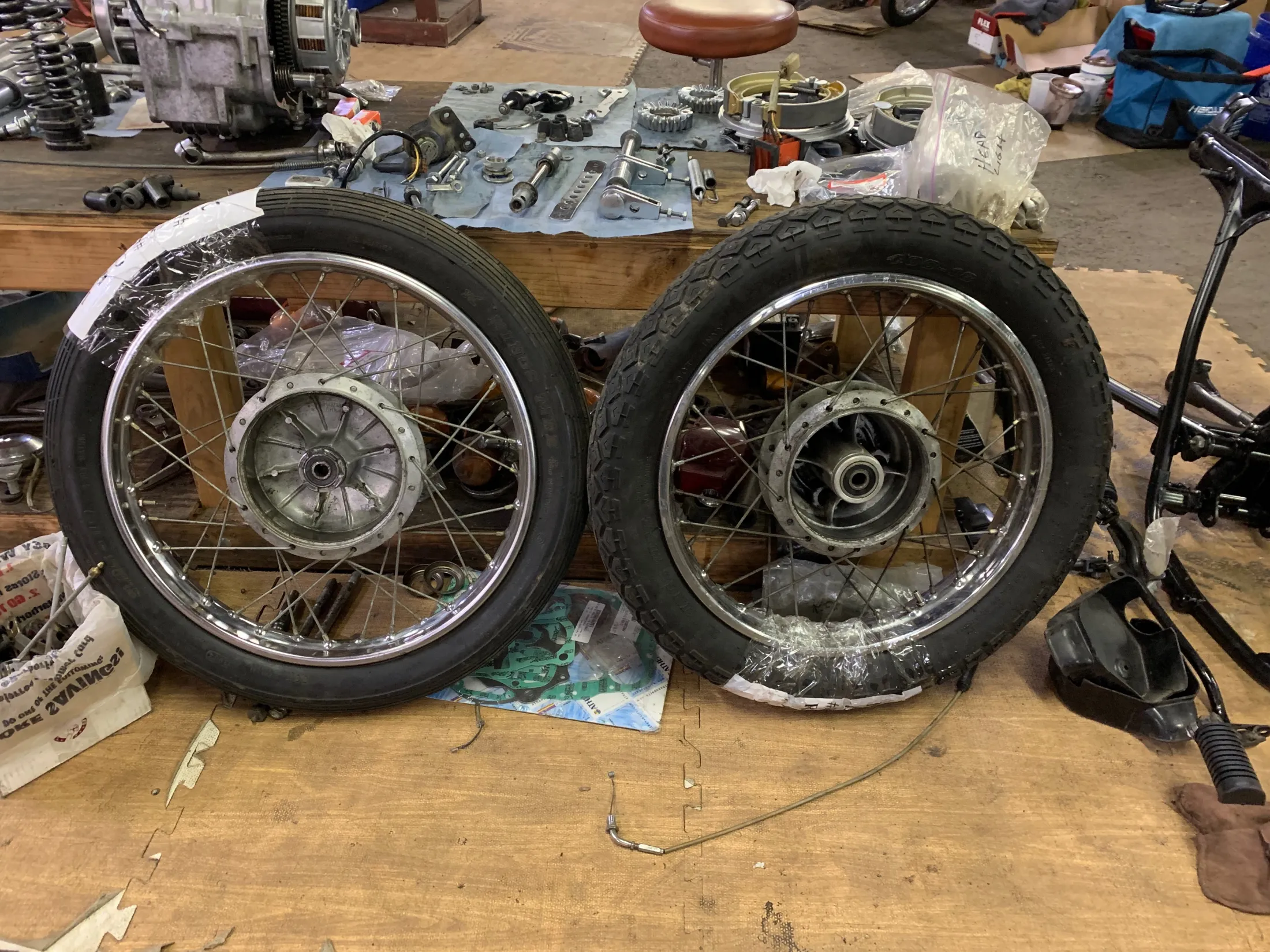 Front and rear spoked wheels with new tires